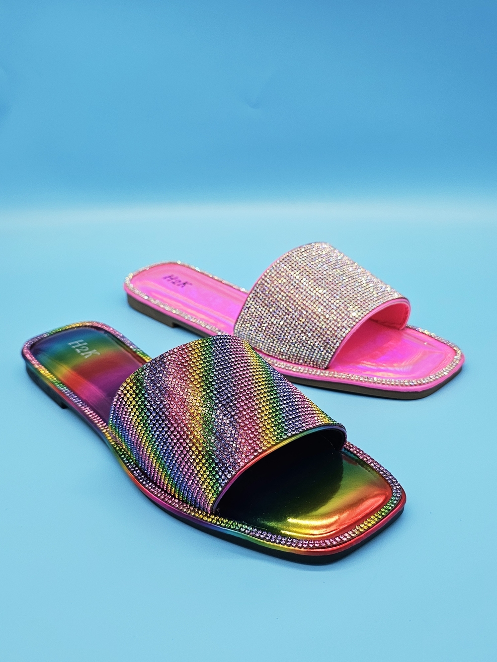 Sparkle Slide Sandals - Rainbow and Pink Crystal Women's Slides